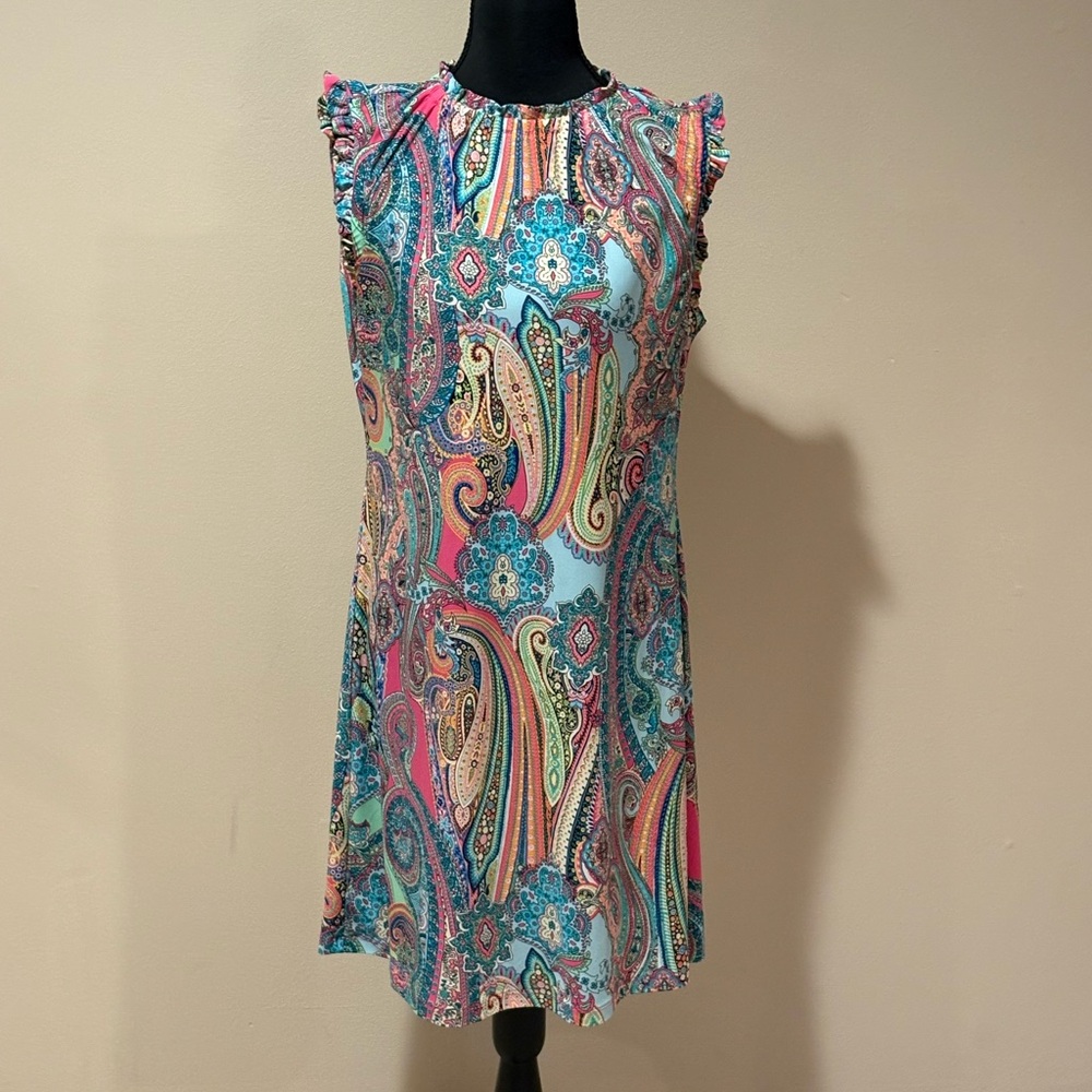 Tommy Hilfiger Blue Pink Paisley Sheath Dress Sleeveless Flutter